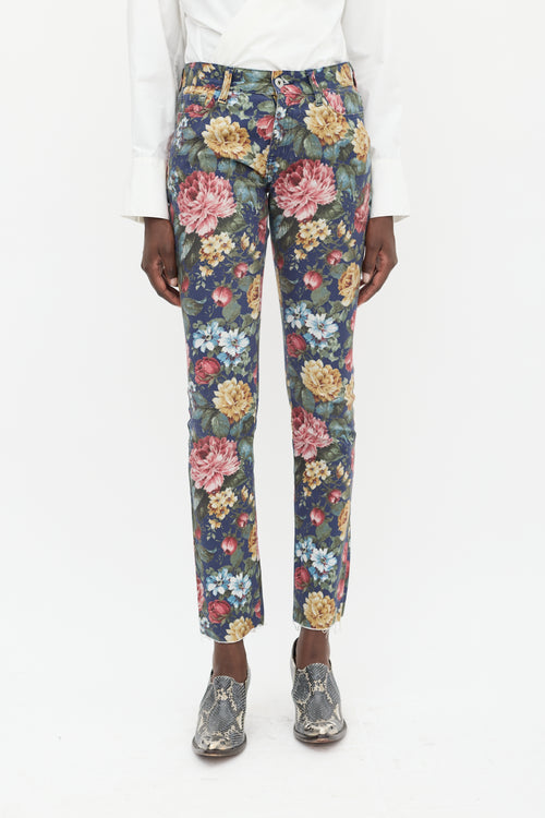 Junya Watanabe Navy 
Multicolour Floral Slim Jeans