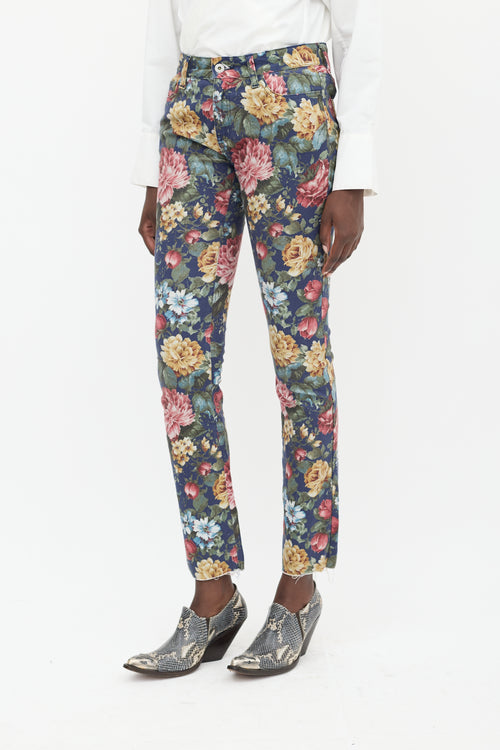 Junya Watanabe Navy 
Multicolour Floral Slim Jeans