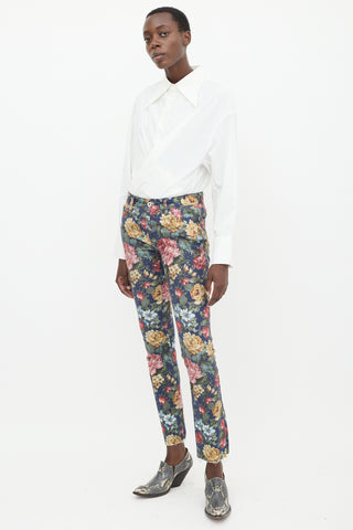 Junya Watanabe Navy 
Multicolour Floral Slim Jeans