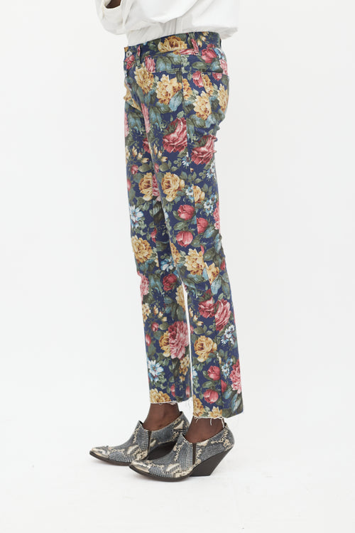 Junya Watanabe Navy 
Multicolour Floral Slim Jeans