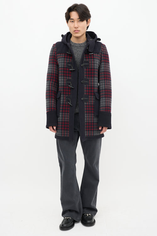 Junya Watanabe X Gloverall Navy 
Multicolour Wool Plaid Coat