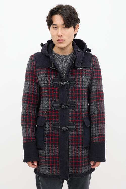 Junya Watanabe X Gloverall Navy 
Multicolour Wool Plaid Coat