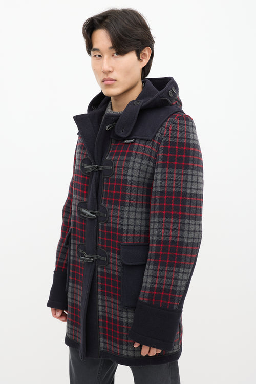 Junya Watanabe X Gloverall Navy 
Multicolour Wool Plaid Coat