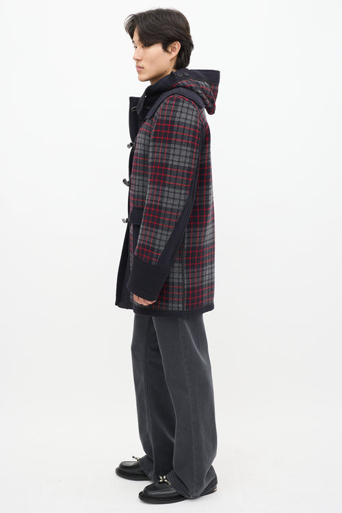 Junya Watanabe X Gloverall Navy 
Multicolour Wool Plaid Coat