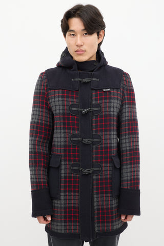 Junya Watanabe X Gloverall Navy 
Multicolour Wool Plaid Coat