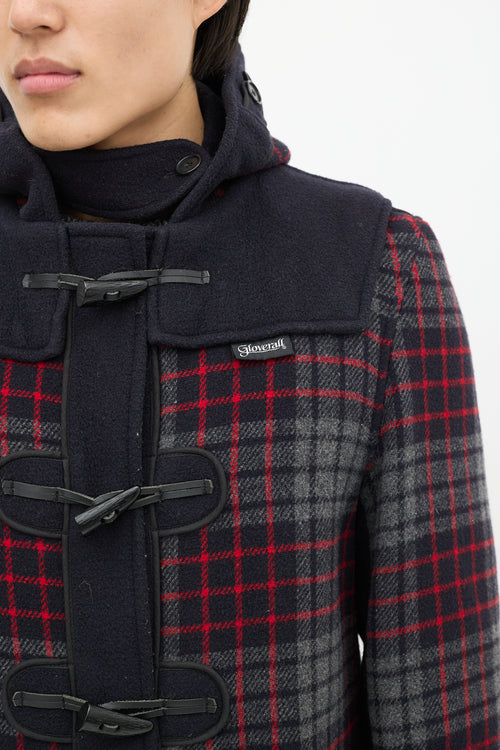 Junya Watanabe X Gloverall Navy 
Multicolour Wool Plaid Coat