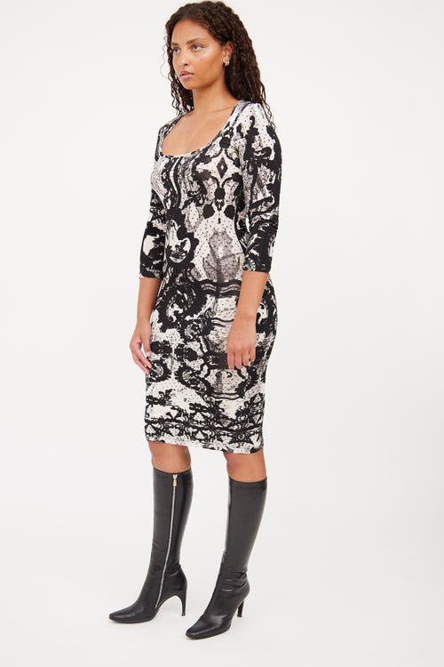 Roberto Cavalli B&W Pattern Long Sleeve Dress