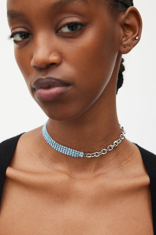 Justine Clenquet Silver 
Blue Shannon Crystal Necklace