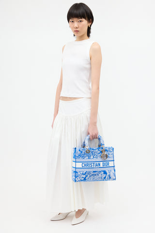 Dior Blue 
White Canvas Embroidered Large Lady D-Lite Bag