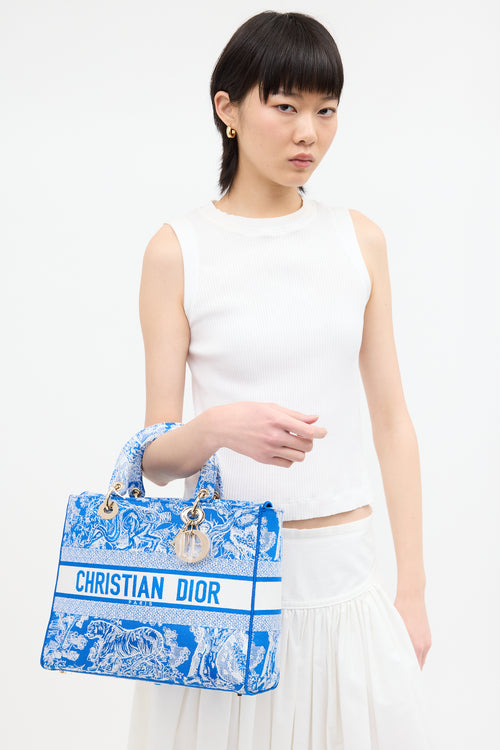 Dior Blue 
White Canvas Embroidered Large Lady D-Lite Bag