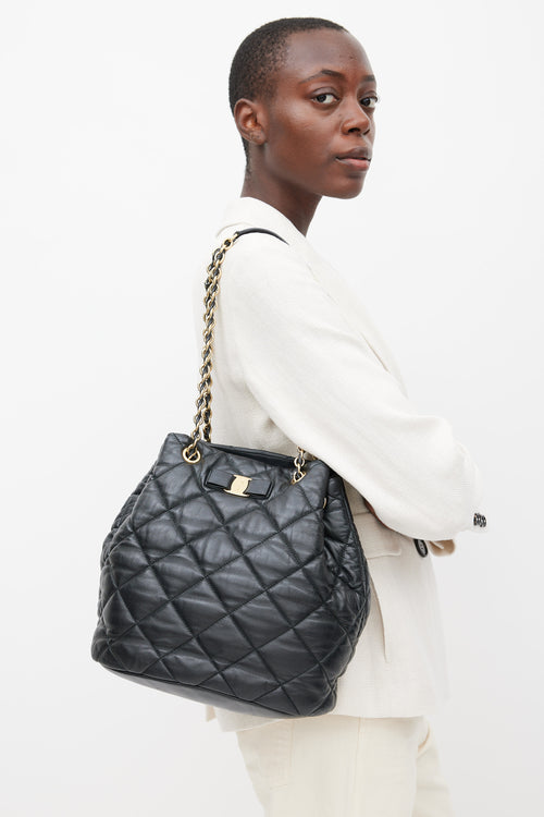 Ferragamo Black Leather Quilted Genny Bucket Bag