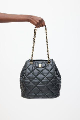 Ferragamo Black Leather Quilted Genny Bucket Bag