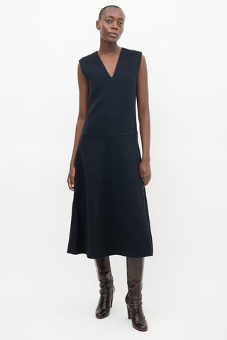 Tibi Navy Angora Wool V-Neck Midi Dress