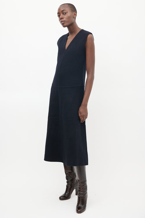 Tibi Navy Angora Wool V-Neck Midi Dress