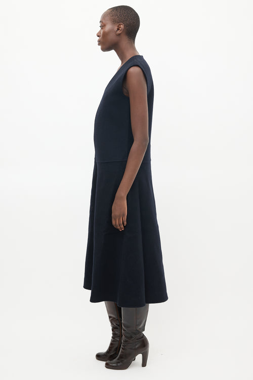 Tibi Navy Angora Wool V-Neck Midi Dress