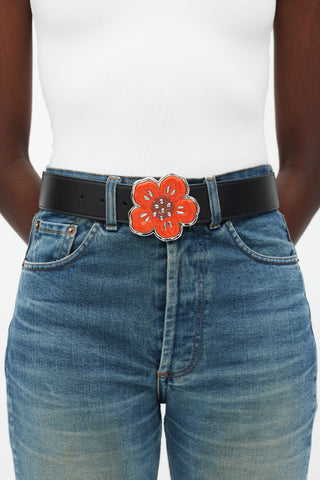 Kenzo Black 
Brown Reversible Floral Buckle Belt