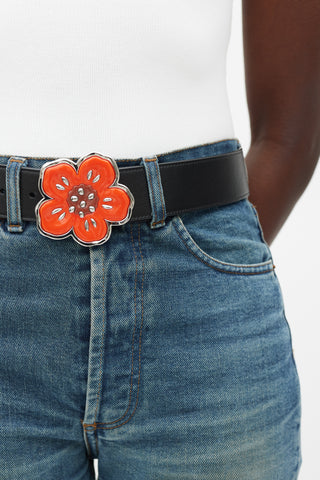 Kenzo Black 
Brown Reversible Floral Buckle Belt