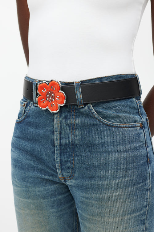 Kenzo Black 
Brown Reversible Floral Buckle Belt