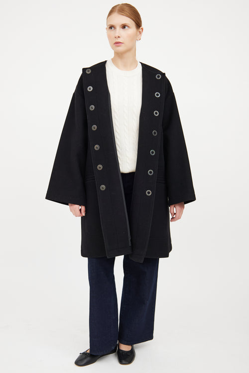 Kenzo Black Wool Button Flared Coat