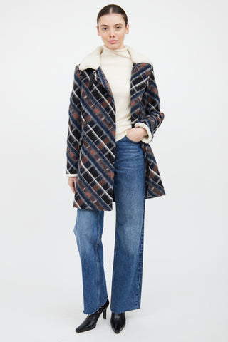 Kenzo Navy 
Multi Wool Blend Plaid Coat