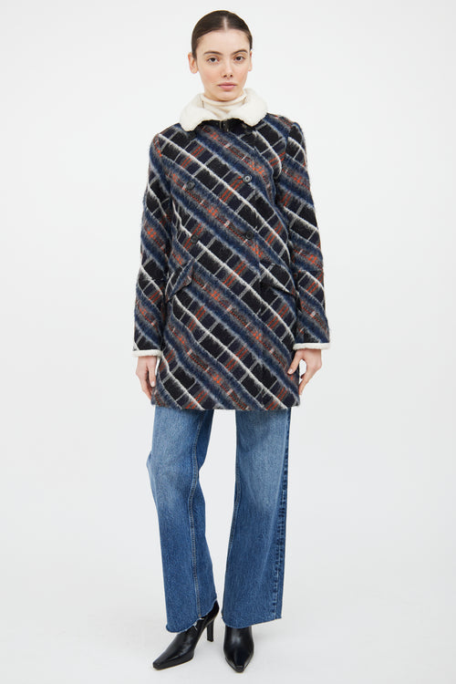 Kenzo Navy 
Multi Wool Blend Plaid Coat