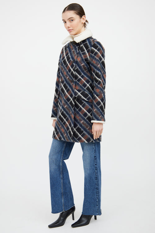 Kenzo Navy 
Multi Wool Blend Plaid Coat