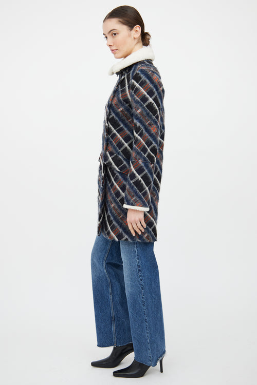 Kenzo Navy 
Multi Wool Blend Plaid Coat