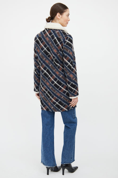 Kenzo Navy 
Multi Wool Blend Plaid Coat