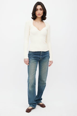 Khaite Cream Rib Knit V-Neck Top