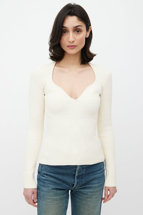 Khaite Cream Rib Knit V-Neck Top