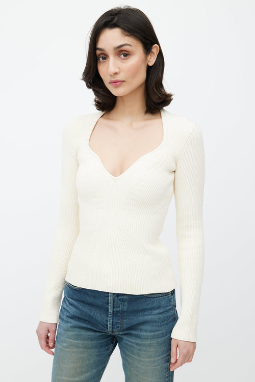 Khaite Cream Rib Knit V-Neck Top