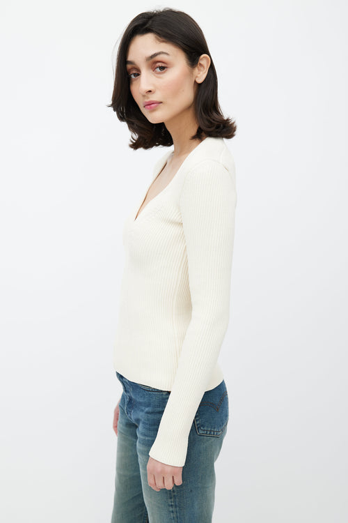 Khaite Cream Rib Knit V-Neck Top