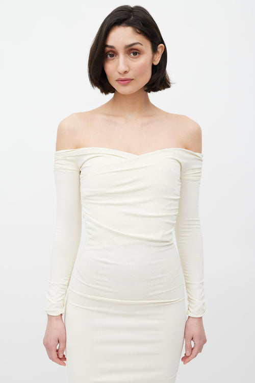 Khaite Cream Ruched Off Shoulder Lydia Dress