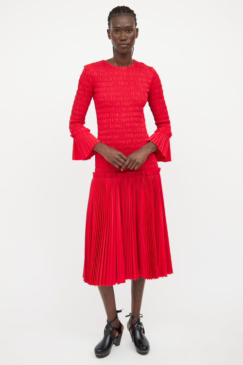 Khaite Red Smocked Ruffled Midi Dress