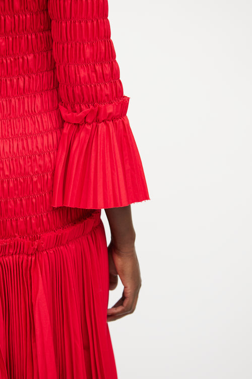 Khaite Red Smocked Ruffled Midi Dress