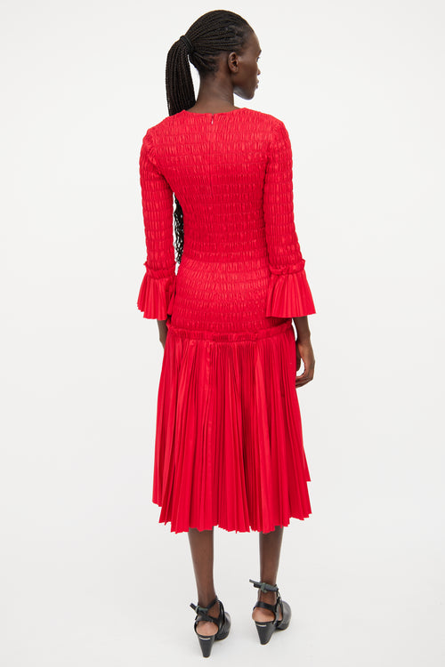 Khaite Red Smocked Ruffled Midi Dress