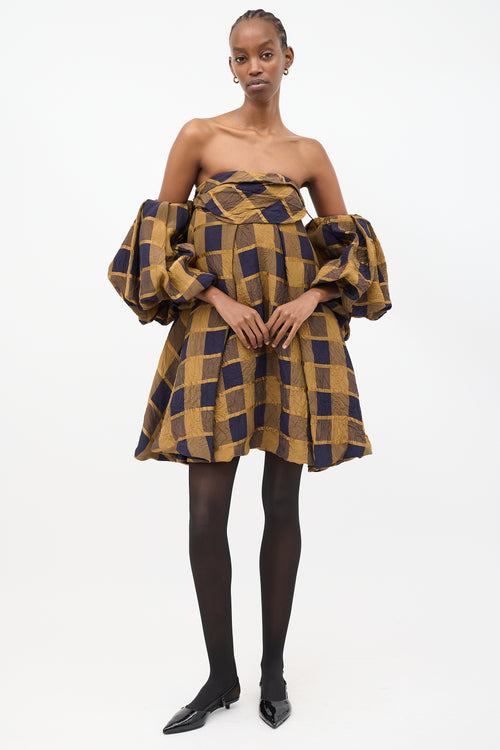 Khaite Yellow 
Navy Check Katerina Off Shoulder Dress