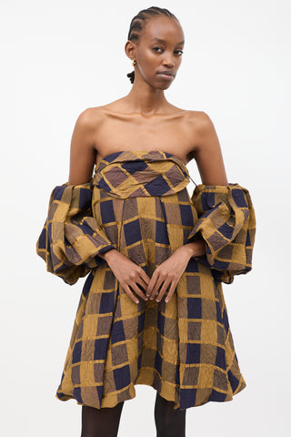 Khaite Yellow 
Navy Check Katerina Off Shoulder Dress