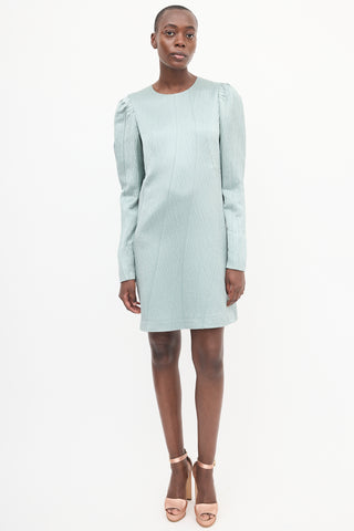 Lanvin Teal Wool 
Silk Metallic Puff Sleeve Dress