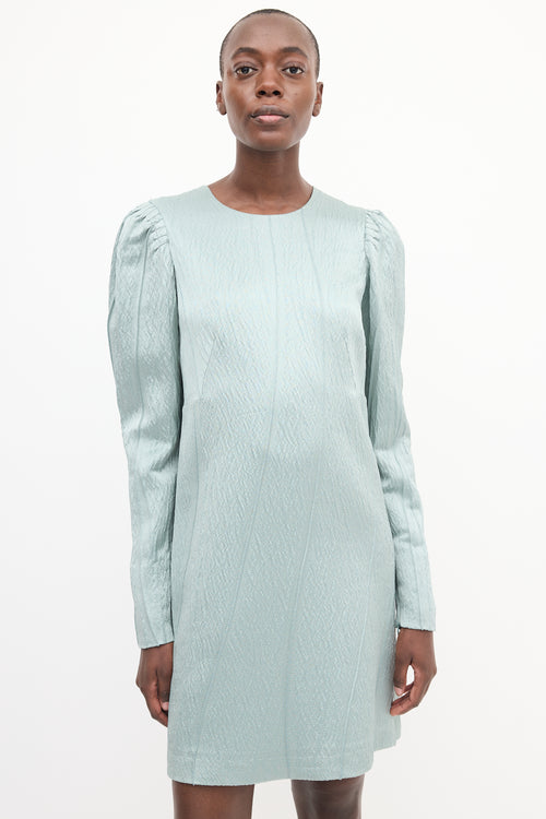 Lanvin Teal Wool 
Silk Metallic Puff Sleeve Dress