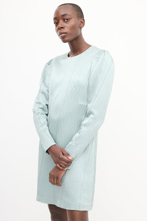 Lanvin Teal Wool 
Silk Metallic Puff Sleeve Dress