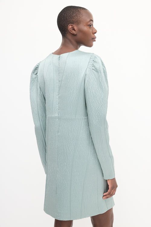 Lanvin Teal Wool 
Silk Metallic Puff Sleeve Dress