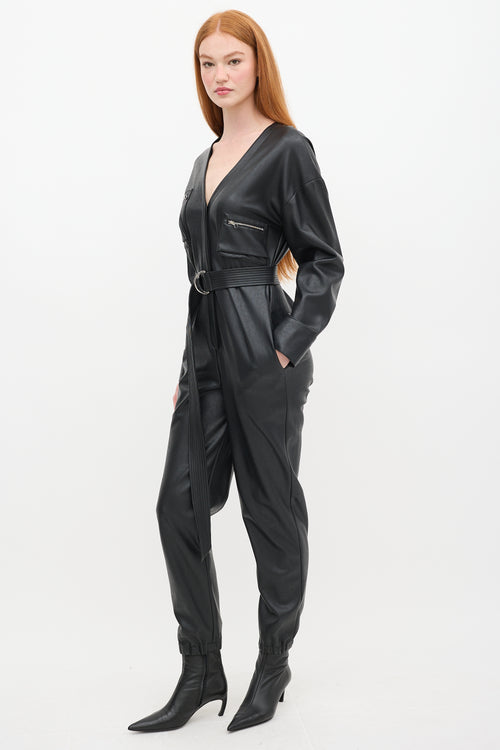 LAPOINTE Black Faux Leather Belted Jumpsuit