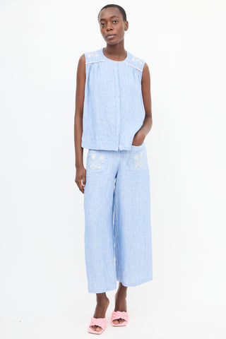 Louise Misha Blue Linen Striped Embroidered Co-Ord Set