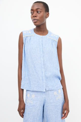 Louise Misha Blue Linen Striped Embroidered Co-Ord Set