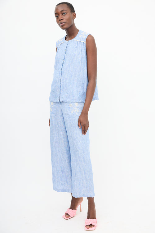 Louise Misha Blue Linen Striped Embroidered Co-Ord Set