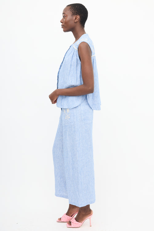 Louise Misha Blue Linen Striped Embroidered Co-Ord Set