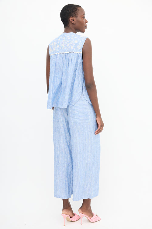 Louise Misha Blue Linen Striped Embroidered Co-Ord Set