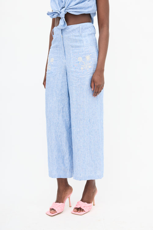 Louise Misha Blue Linen Striped Embroidered Co-Ord Set