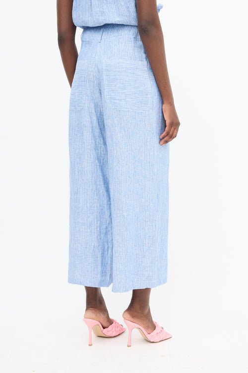 Louise Misha Blue Linen Striped Embroidered Co-Ord Set